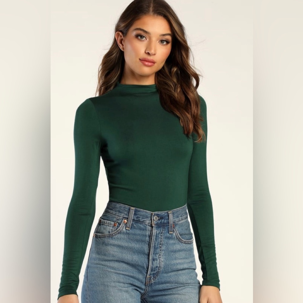 Lulus Fashionable Flair Emerald Green Long Sleeve Funnel Neck Bodysuit, Sz M